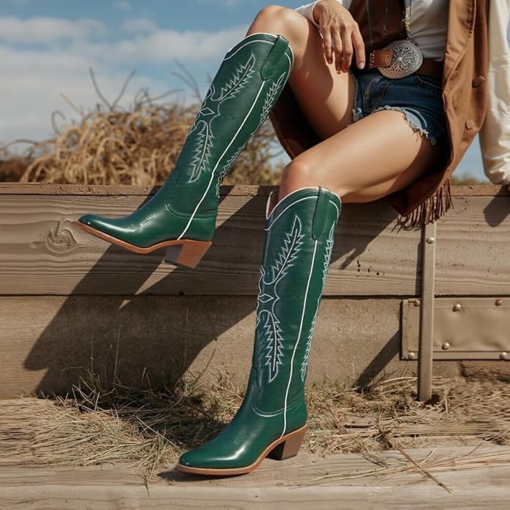 Women's Green Mid Calf Cowgirl Western Boot Embroidered Suede Pull On Almond Toe - Picture 5 of 6